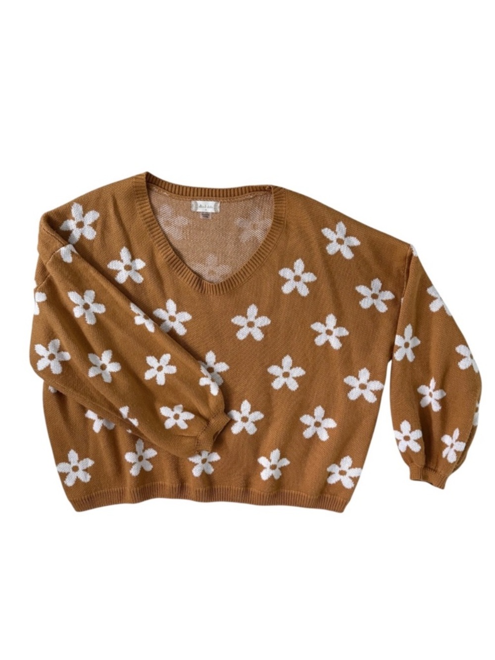 Altar'd State Brown White Daisy Floral V-Neck Balloon Sleeve Sweater Women's Med - Picture 3 of 6